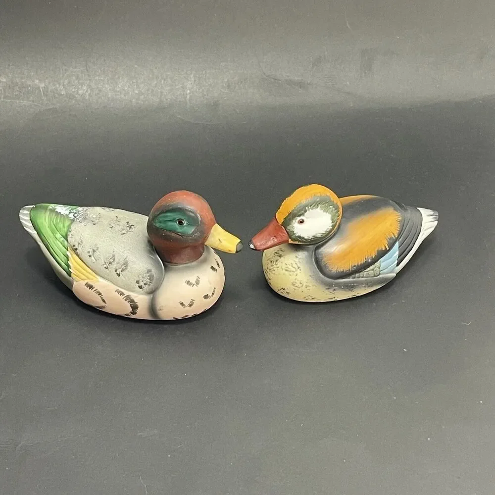 Pair Vintage Enesco Porcelain Decoy Ducks Mallard 1984 1985 Set Of 2